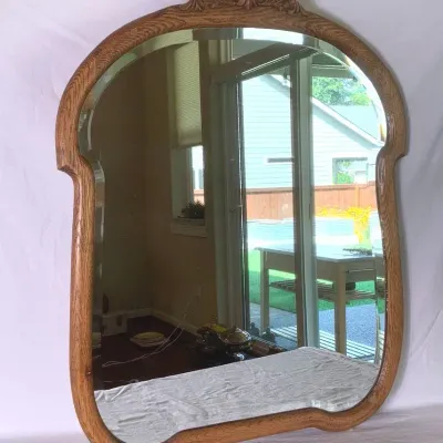 Vintage Oak Wall Mirror w/ Beveled Glass 