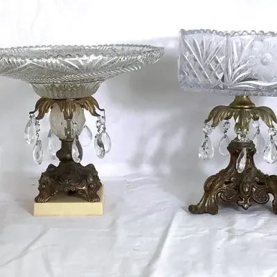 Hollywood Regency Style Brass And Pressed Glass Prism Pieces