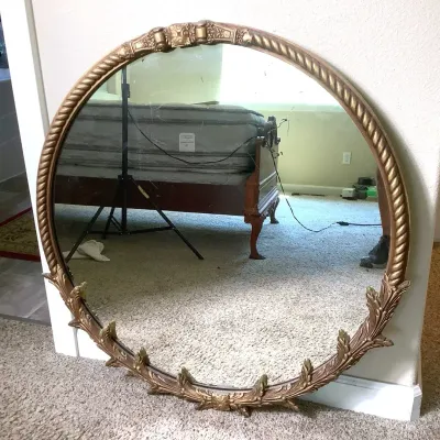 Vintage Round Wood Framed Wall Mirror 