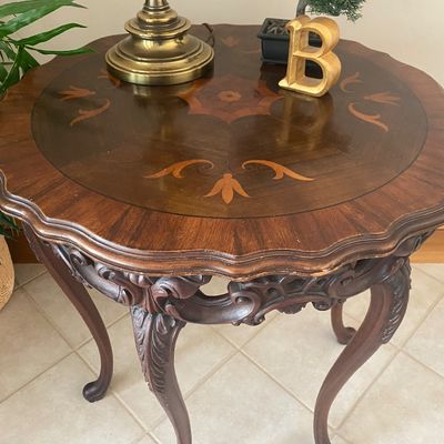 Sale Photo Thumbnail #46: Antique inlay ornate side table 