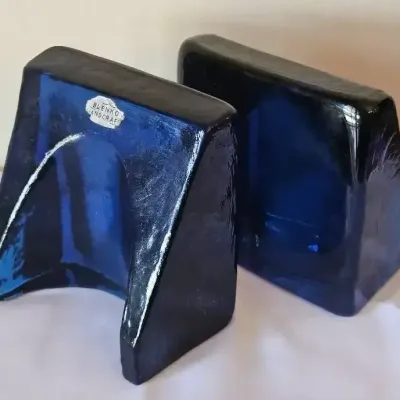 Vintage Cobalt Blue Blenko Glass Bookends 