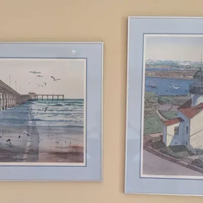 John Yato Beautiful Framed San Diego Art Print Pair Ocean Beach Pier - 1984