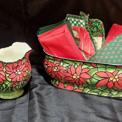 Festive Jackson & Perkins Stained Glass Style Holiday Ceramic Planter