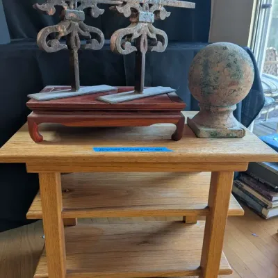 Solid Oak 3-Tier Side Table with Architectural Cast Iron Finials & Concrete Sphere Finial
