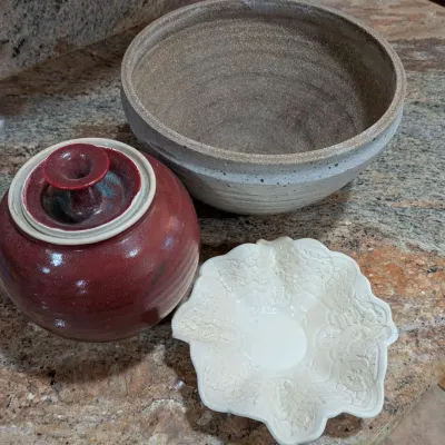 Signed Studio Art Pottery Collection - Large Bowl, Covered Jar & Scalloped Dish - 3 Pcs