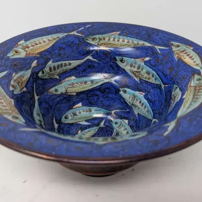 Vintage Vignoli Faenza Italian Art Pottery Blue School of Fish Bowl