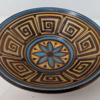 Vintage Vignoli Faenza Italian Art Pottery Geometric Greek Key & Floral Bowl