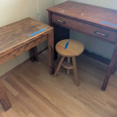 Rustic Wood Console Table Single Drawer Wavy Stretcher Base with Desk and Stool