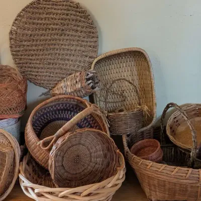 Assorted Vintage Woven Baskets & Wall Plaque Collection - Large Lot