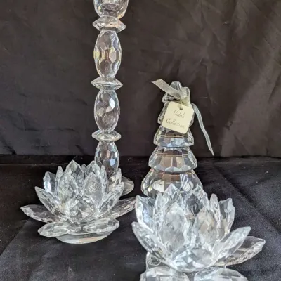 Vidali Collection Cut Crystal Decor Lot – Lotus Votives, Tall Candlestick & Christmas Tree
