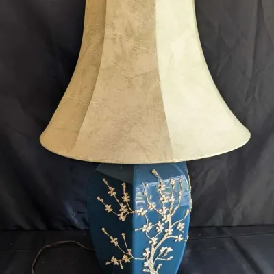Vintage Asian-Style Ceramic Table Lamp - Teal Glaze & Relief Cherry Blossom