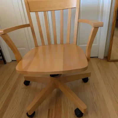Natural Wood Spindle Back Windsor Style Rolling Desk Chair 