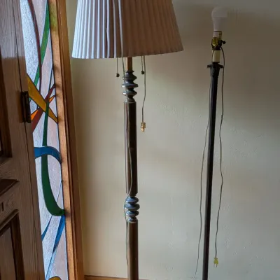 Vintage Rembrandt Floor Lamp Pair - Wood & Brass Torchiere & Cast Base Lamp - 2 Pcs