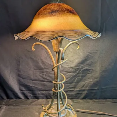 Art Nouveau Style Wrought Iron Table Lamp - Amber Fluted Glass Shade