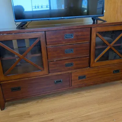 Elegant Dark Wood TV Console Cabinet X Glass Doors 60x31x21