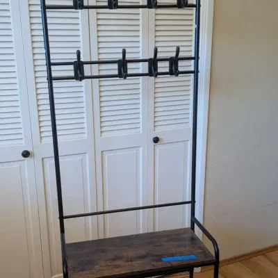 Industrial Metal Hall Tree Coat Rack with Bench and Shelves