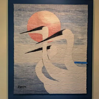Large Vintage Signed Fiber Art Tapestry Wall Hanging - Cranes & Setting Sun Motif 