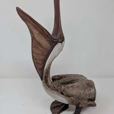 Signed Artisan Wooden Pelican Sculpture - Attributed to Brian Arthur