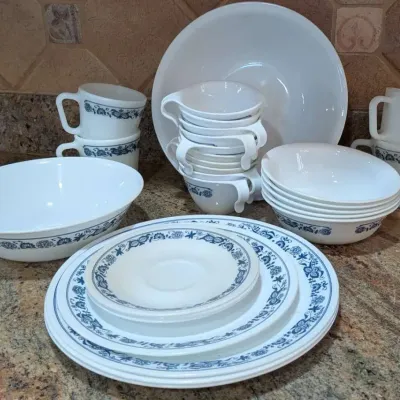 Vintage Corelle Old Town Blue Dinnerware Set - Bowls, Plates, Cups & Grab-It Bowls