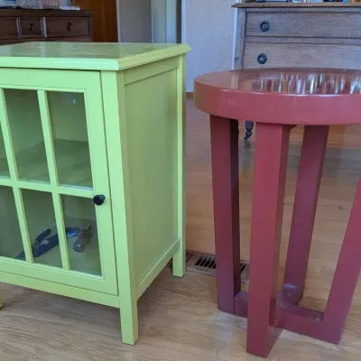 Pair of Colorful Chartreuse Green Wood Display Cabinet Glass Door & Round Red Table