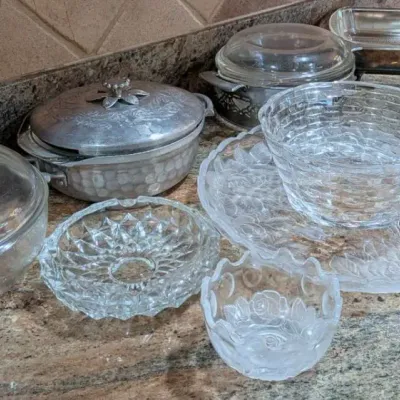 Vintage Glassware & Metal Servingware Collection - Casserole Dishes, Bowls & Platter - 9 Pcs