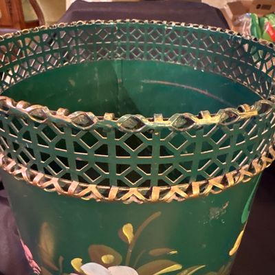 Sale Photo Thumbnail #583: Vintage Beautiful Tole Cut Out Metal Edging Design Hand Painted Floral Wastebasket