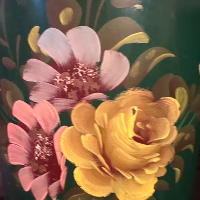 Sale Photo Thumbnail #582: Vintage Beautiful Tole Cut Out Metal Edging Design Hand Painted Floral Wastebasket