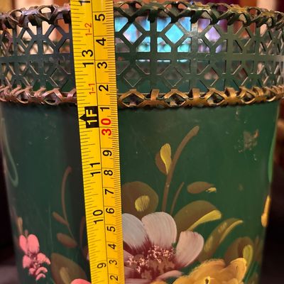 Sale Photo Thumbnail #584: Vintage Beautiful Tole Cut Out Metal Edging Design Hand Painted Floral Wastebasket