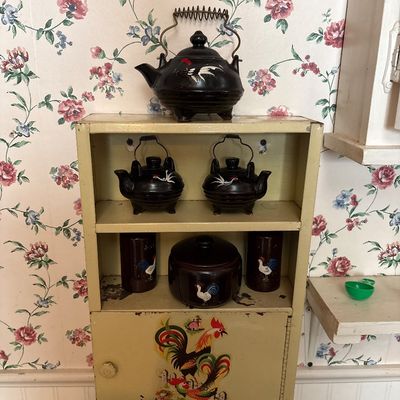 Sale Photo Thumbnail #751: 11x3.5x16. Adorable vintage metal cabinet with vintage handpainted rooster pieces
