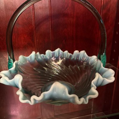 Sale Photo Thumbnail #310: Stunning blue glass basket with milky edges
