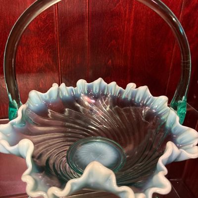 Sale Photo Thumbnail #312: Stunning blue glass basket with milky edges