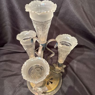 Sale Photo Thumbnail #568: antique Edwardian/Art Nouveau silver-plated epergne (table centerpiece) dating to around 1900, featuring a hammered metal base with scroll arms and four frosted, fluted glass trumpets or bud vases