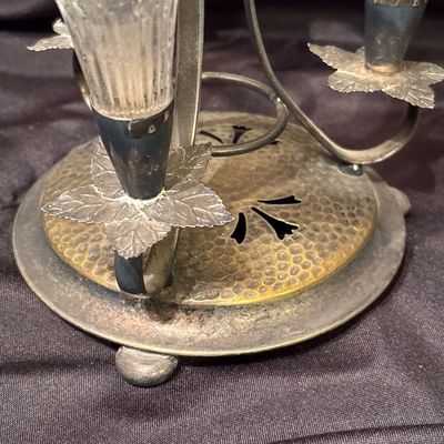 Sale Photo Thumbnail #566: antique Edwardian/Art Nouveau silver-plated epergne (table centerpiece) dating to around 1900, featuring a hammered metal base with scroll arms and four frosted, fluted glass trumpets or bud vases