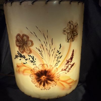 Sale Photo Thumbnail #591: North Dakota artist Ida Lee created this electric wall Lamp sconce using Dakota native grasses and native bird feathers. She is also known for her wall pictures under her name of Ida Prokop Bisek, Ida Lee Prokop or Ida Lee Prokop Bisek. This sconce is app
