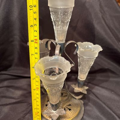 Sale Photo Thumbnail #569: antique Edwardian/Art Nouveau silver-plated epergne (table centerpiece) dating to around 1900, featuring a hammered metal base with scroll arms and four frosted, fluted glass trumpets or bud vases