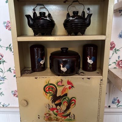 Sale Photo Thumbnail #757: 11x3.5x16. Adorable vintage metal cabinet with vintage handpainted rooster pieces
