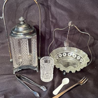 Sale Photo Thumbnail #174: See pics. Dishes are adorned with silver plate