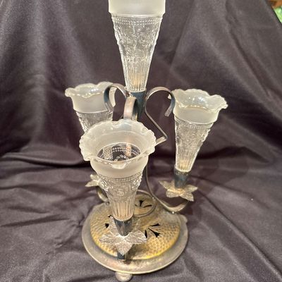 Sale Photo Thumbnail #565: antique Edwardian/Art Nouveau silver-plated epergne (table centerpiece) dating to around 1900, featuring a hammered metal base with scroll arms and four frosted, fluted glass trumpets or bud vases
