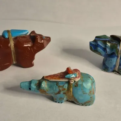 3 Zuni Fetish Hand Carved Spirit Animals 