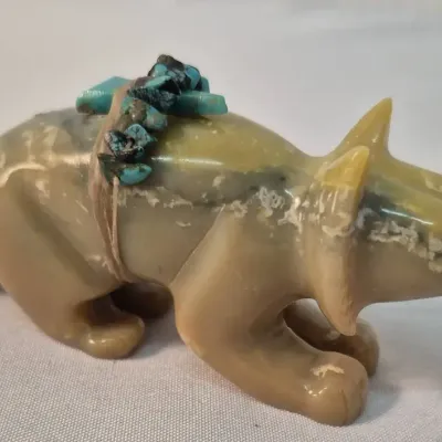 Zuni Wolf with Medicine Bundle Serpentine by Travis Nieto 