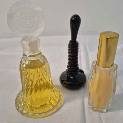 3 Vintage Perfume Bottles Blow Glass Bottle with Stopper -1980 Avon Christmas Bell Charisma - 