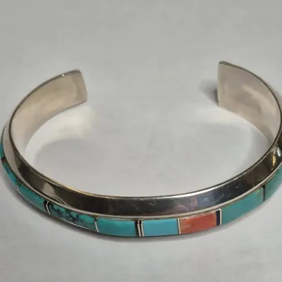 Vintage Sterling Native American Spiny Oyster Turquoise Cuff Bracelet - 30g with Stones