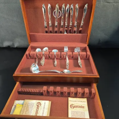 Sterling Silver Rogers Sculptured 38 Piece Silverware Set and Naken's Chest 1336g bowl not included 