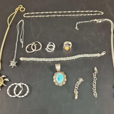 Lot of 925 - Jewelry  - 74g with Stones- Necklaces - Bracelet - Earrings - Pendant - Ring Size 7 - 