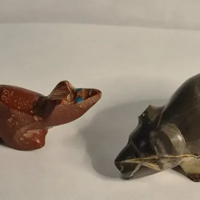 2 Zuni Fetish Hand Carved Stone - Fox Turquoise Eyes - Bear Signed DG