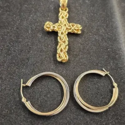 14k Milor Resin Cross Pendant - Pair 14k Hoop Earrings - 5g