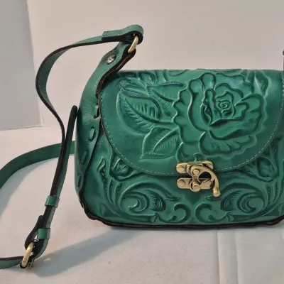 Patricia Nash Soft Turquoise Leather Tooled Cross Body Handbag