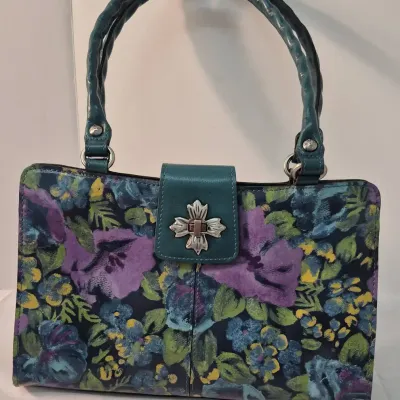 Patricia Nash Rosina Leather Satchel Deep Blue Nature with Blue Coral 