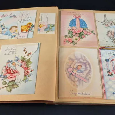 Vintage Scrap Book of Very Unique Baby Cards, Christmas and Valentine Cards
