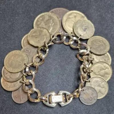 Vintage European Souvenir Coin Bracelet and Screw Back Earrings 